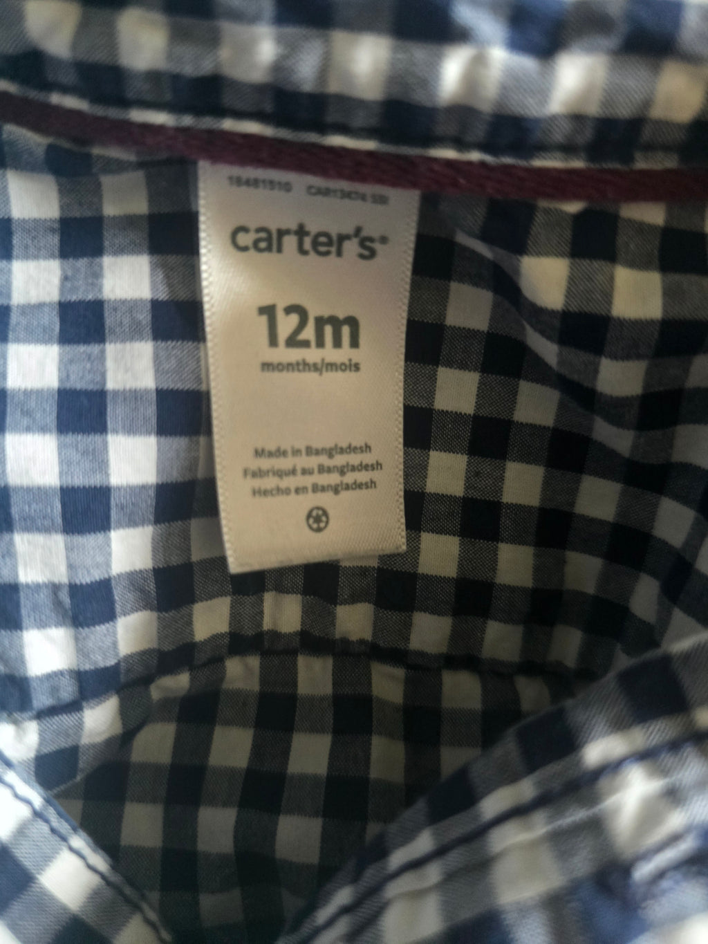 Carter's Navy Gingham Button-Up Bodysuit | 12 month