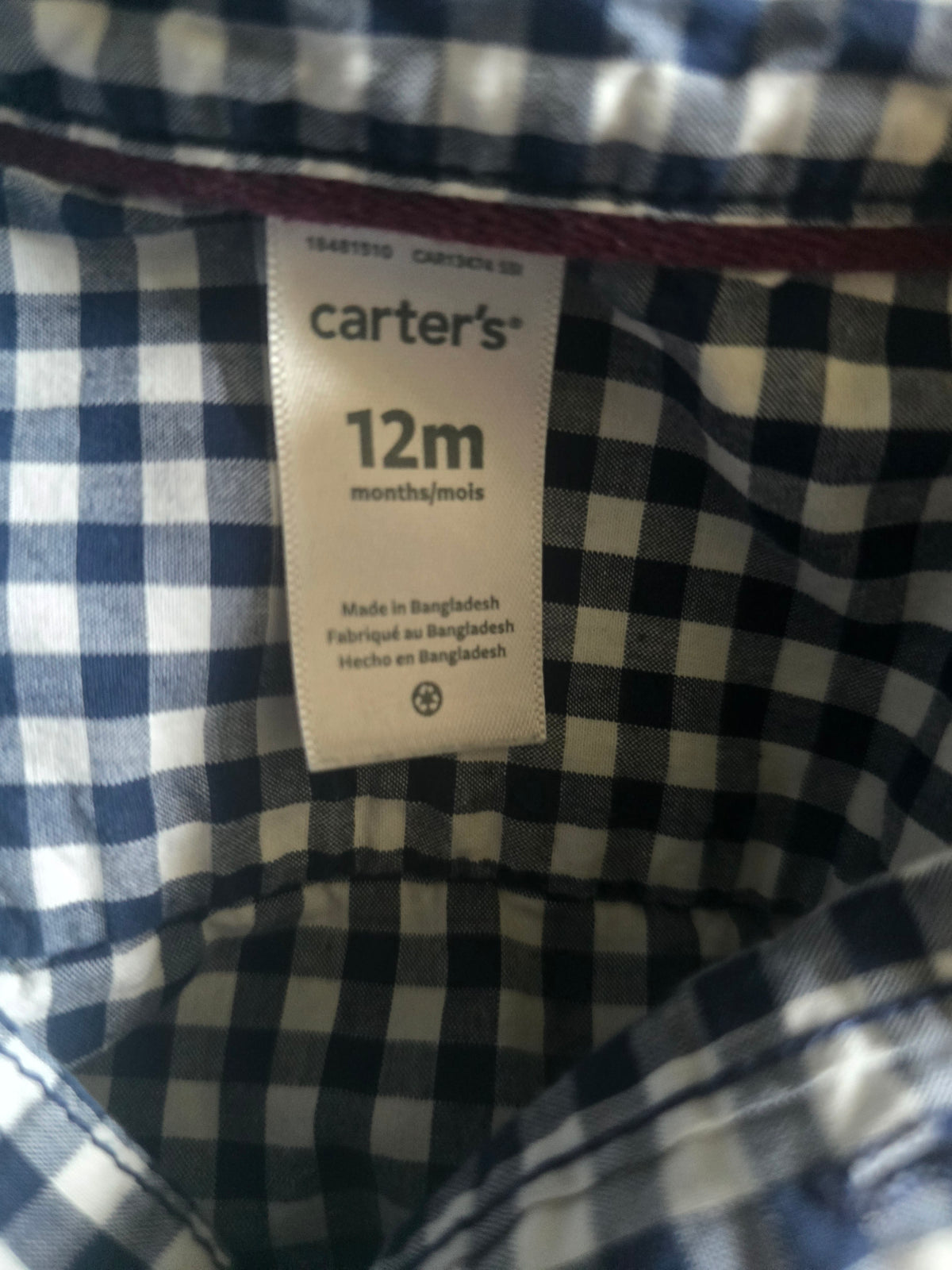 Carter's Navy Gingham Button-Up Bodysuit | 12 month