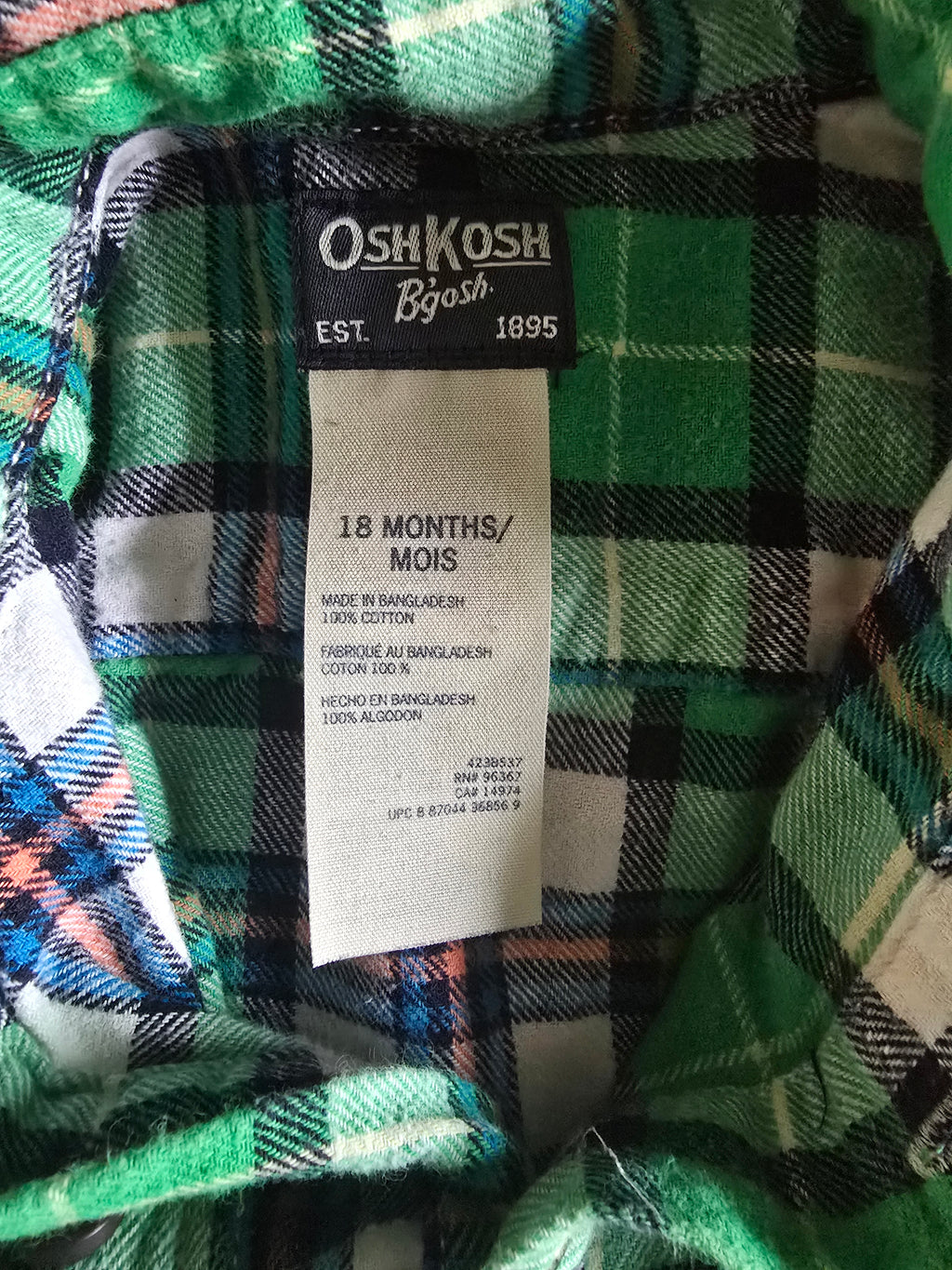 OshKosh B'gosh Green Plaid Bodysuit Shirt | 18 Months