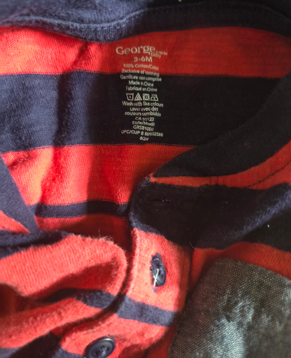 George Baby Red & Navy Striped Henley Romper | 3-6 Months