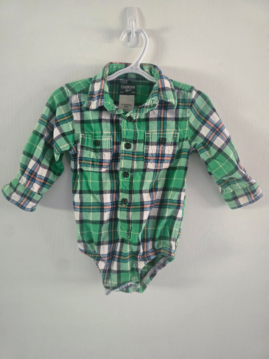 OshKosh B'gosh Green Plaid Bodysuit Shirt | 18 Months