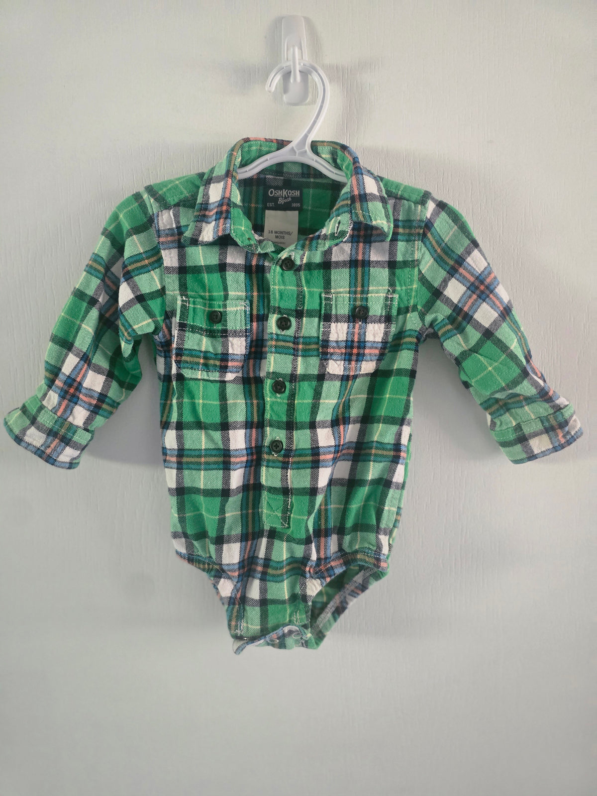 OshKosh B'gosh Green Plaid Bodysuit Shirt | 18 Months